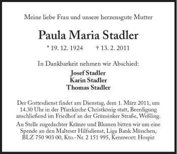 Traueranzeige von Paula Maria Stadler von Süddeutsche Zeitung