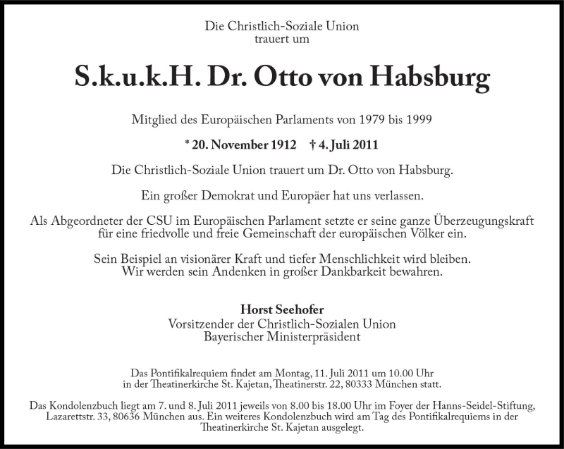  Traueranzeige für Otto von Habsburg vom 06.07.2011 aus Süddeutsche Zeitung