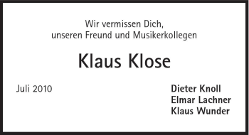 Traueranzeige von Klaus Klose von Süddeutsche Zeitung