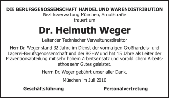 Traueranzeige von Helmuth Weger von Süddeutsche Zeitung