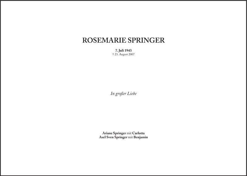  Traueranzeige für Rosemarie Springer vom 07.07.2010 aus Süddeutsche Zeitung
