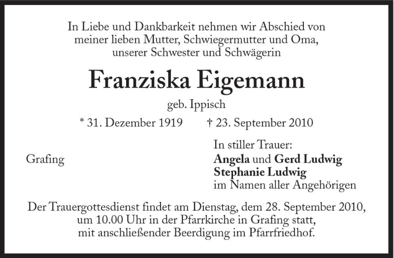  Traueranzeige für Franziska Eigemann vom 25.09.2010 aus Süddeutsche Zeitung