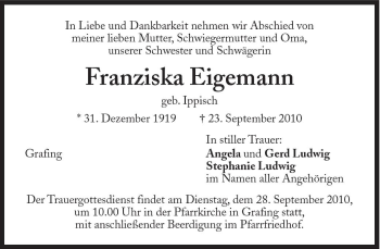 Traueranzeige von Franziska Eigemann von Süddeutsche Zeitung