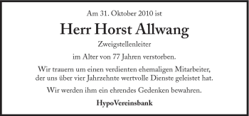 Traueranzeige von Horst Allwang von Süddeutsche Zeitung