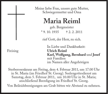 Traueranzeige von Maria Reiml von Süddeutsche Zeitung