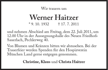 Traueranzeige von Werner Haitzer von Süddeutsche Zeitung