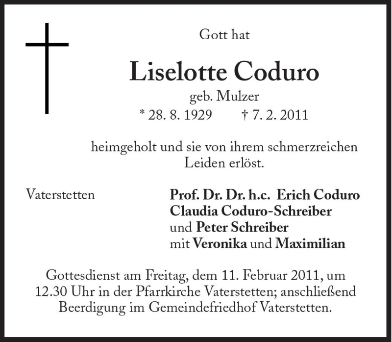  Traueranzeige für Liselotte Coduro vom 09.02.2011 aus Süddeutsche Zeitung