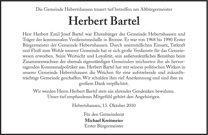  Traueranzeige für Herbert Bartel vom 14.10.2010 aus Süddeutsche Zeitung