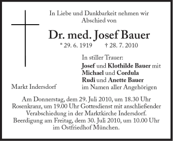 Traueranzeige von Josef Bauer von Süddeutsche Zeitung