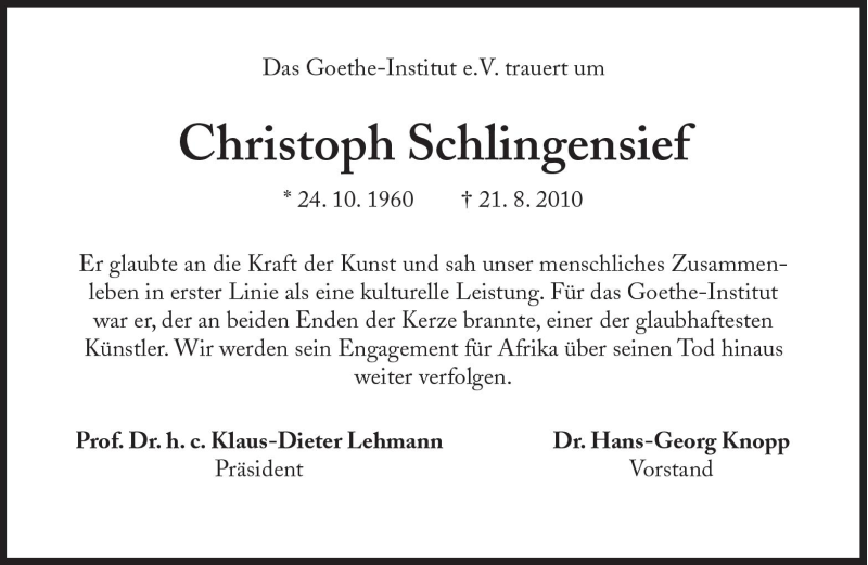  Traueranzeige für Christoph Schlingensief vom 25.08.2010 aus Süddeutsche Zeitung