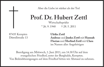 Traueranzeige von Hubert Zettl von Süddeutsche Zeitung