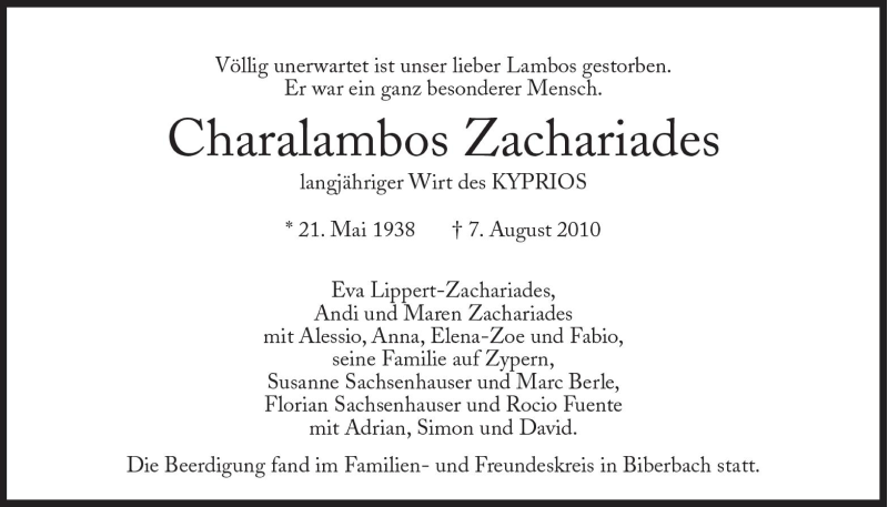  Traueranzeige für Charalambos Zachariades vom 14.08.2010 aus Süddeutsche Zeitung