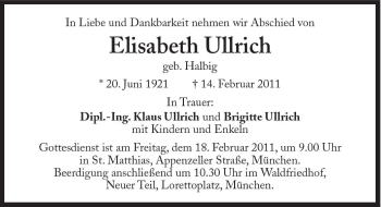 Traueranzeige von Ullrich Elisabeth von Süddeutsche Zeitung