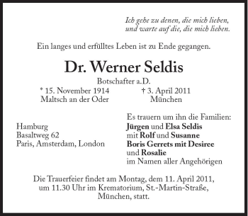 Traueranzeige von Werner Seldis von Süddeutsche Zeitung