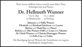 Traueranzeige von Hellmuth Wunner von Süddeutsche Zeitung