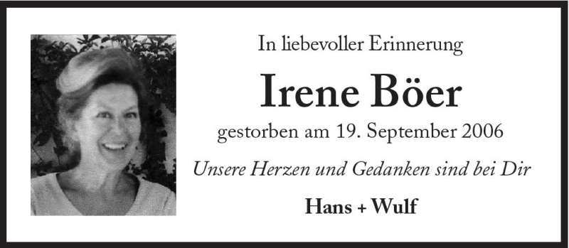  Traueranzeige für Irene Böer vom 18.09.2010 aus Süddeutsche Zeitung