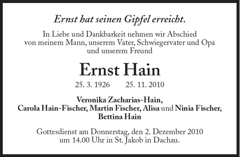  Traueranzeige für Ernst Hain vom 30.11.2010 aus Süddeutsche Zeitung