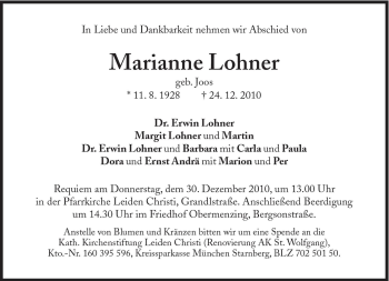 Traueranzeige von Marianne Lohner von Süddeutsche Zeitung