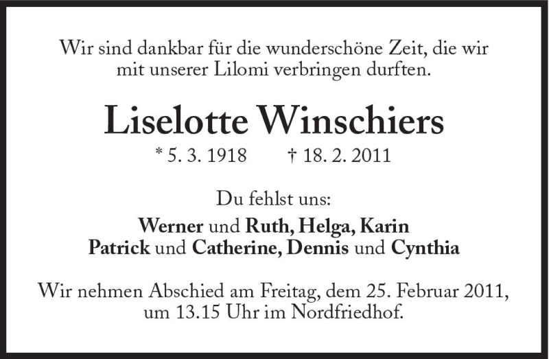  Traueranzeige für Liselotte Winschiers vom 22.02.2011 aus Süddeutsche Zeitung