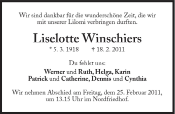 Traueranzeige von Liselotte Winschiers von Süddeutsche Zeitung