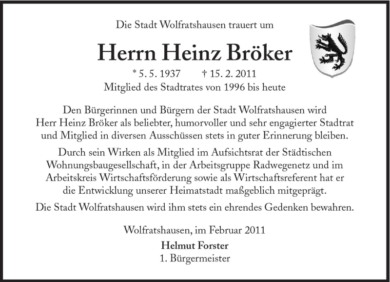  Traueranzeige für Heinz Bröker vom 22.02.2011 aus Süddeutsche Zeitung