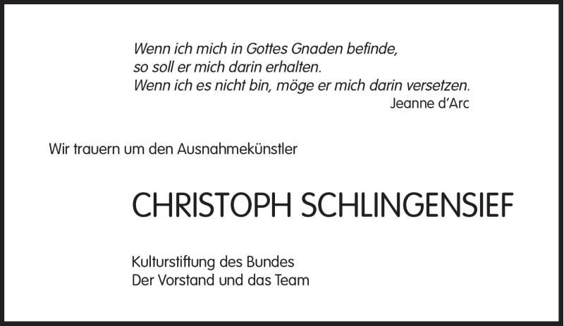  Traueranzeige für Christoph Schlingensief vom 28.08.2010 aus Süddeutsche Zeitung