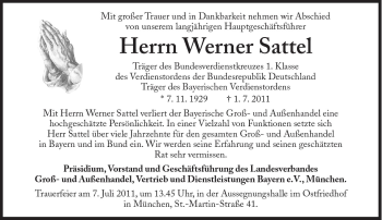 Traueranzeige von Werner Sattel von Süddeutsche Zeitung