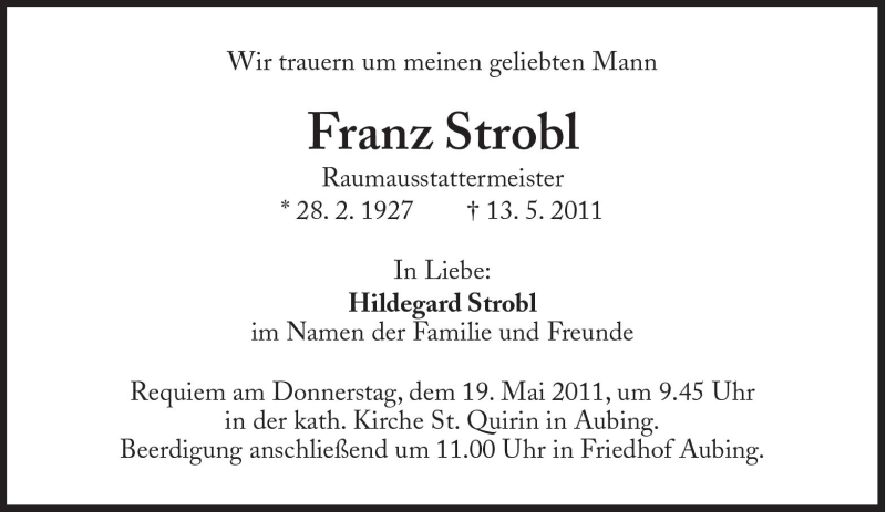  Traueranzeige für Franz Strobl vom 17.05.2011 aus Süddeutsche Zeitung