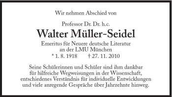 Traueranzeige von Walter Müller-Seidel von Süddeutsche Zeitung