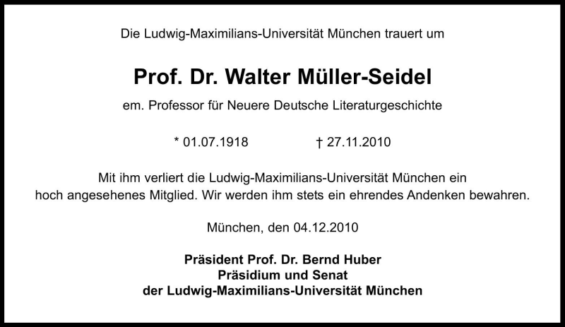  Traueranzeige für Walter Müller-Seidel vom 04.12.2010 aus Süddeutsche Zeitung