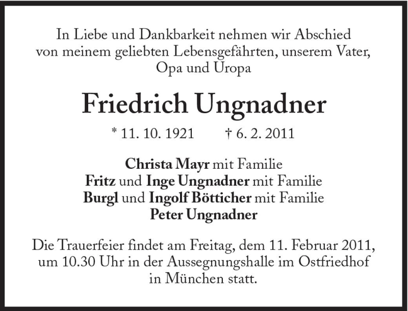  Traueranzeige für Friedrich Ungnadner vom 09.02.2011 aus Süddeutsche Zeitung