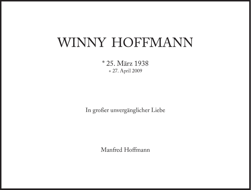  Traueranzeige für Winny Hoffmann vom 25.03.2011 aus Süddeutsche Zeitung