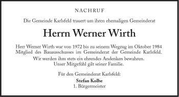 Traueranzeige von Werner Wirth von Süddeutsche Zeitung