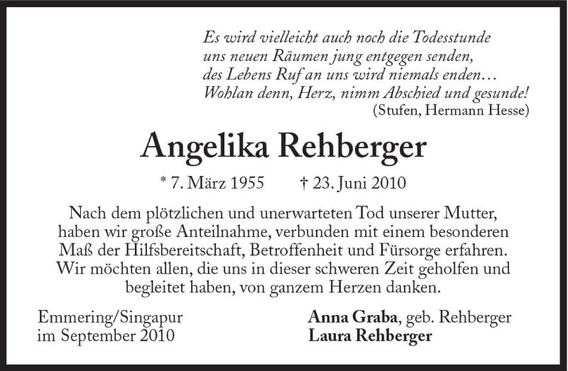  Traueranzeige für Angelika Rehberger vom 25.09.2010 aus Süddeutsche Zeitung