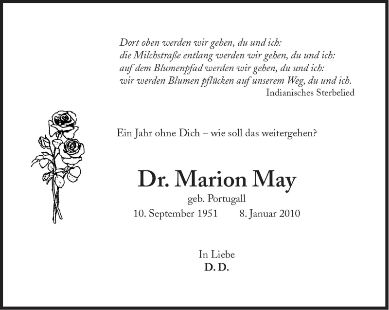  Traueranzeige für Marion May vom 08.01.2011 aus Süddeutsche Zeitung