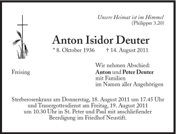 Traueranzeige von Anton Deuter von Süddeutsche Zeitung