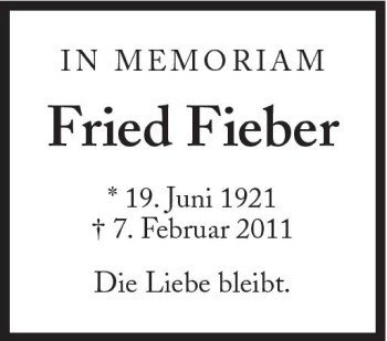 Traueranzeige von Fried Fieber von Süddeutsche Zeitung
