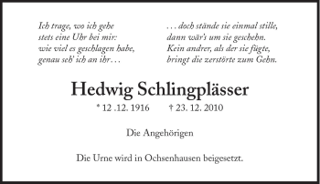 Traueranzeige von Hedwig Schlingplässer von Süddeutsche Zeitung