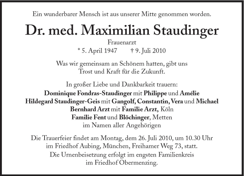  Traueranzeige für Maximilian Staudinger vom 17.07.2010 aus Süddeutsche Zeitung