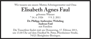 Traueranzeige von Elisabeth Agnes Faul von Süddeutsche Zeitung