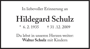 Traueranzeige von Hildegard Schulz von Süddeutsche Zeitung