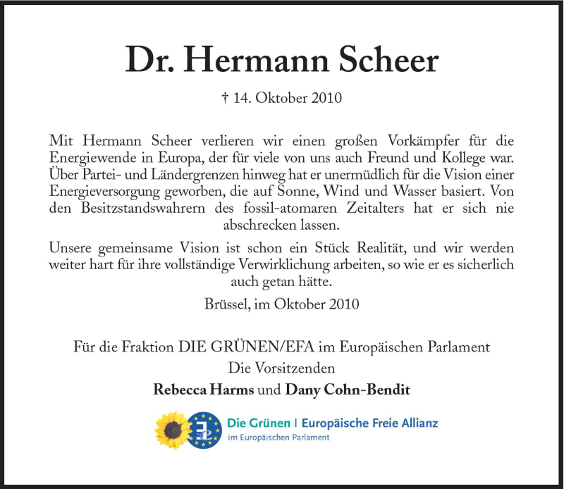  Traueranzeige für Hermann Scheer vom 25.10.2010 aus Süddeutsche Zeitung