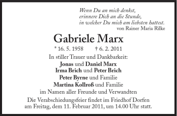 Traueranzeige von Gabriele Marx von Süddeutsche Zeitung
