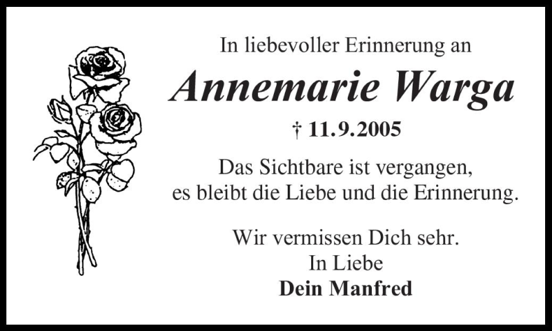  Traueranzeige für Annemarie Warga vom 11.09.2010 aus Süddeutsche Zeitung