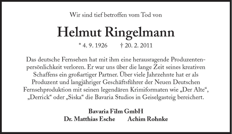  Traueranzeige für Helmut Ringelmann vom 26.02.2011 aus Süddeutsche Zeitung
