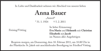 Traueranzeige von Anna Bauer von Süddeutsche Zeitung