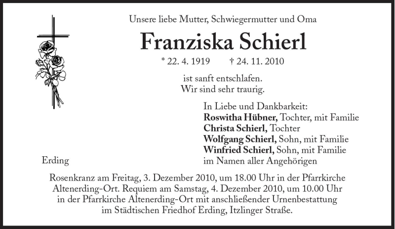  Traueranzeige für Franziska Schierl vom 01.12.2010 aus Süddeutsche Zeitung