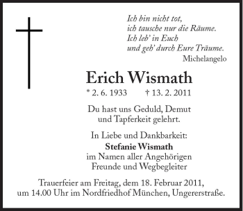 Traueranzeige von Erich Wismath von Süddeutsche Zeitung