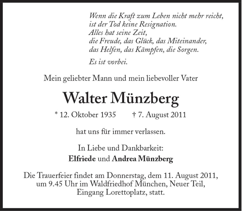  Traueranzeige für Walter Münzberg vom 10.08.2011 aus Süddeutsche Zeitung