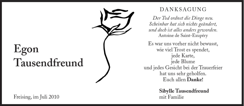  Traueranzeige für Egon Tausenfreund vom 17.07.2010 aus Süddeutsche Zeitung